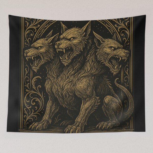 Item preview, Golden Cerberus – Three-Headed Hellhound (Gold & Black Mythical Art) designed and sold by Czerkiz.