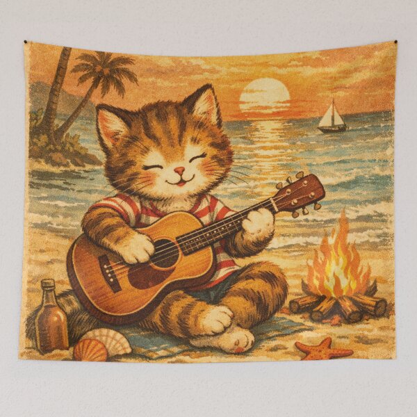Item preview, Campfire romance on the beach, vintage cat picture designed and sold by Mauswohn.
