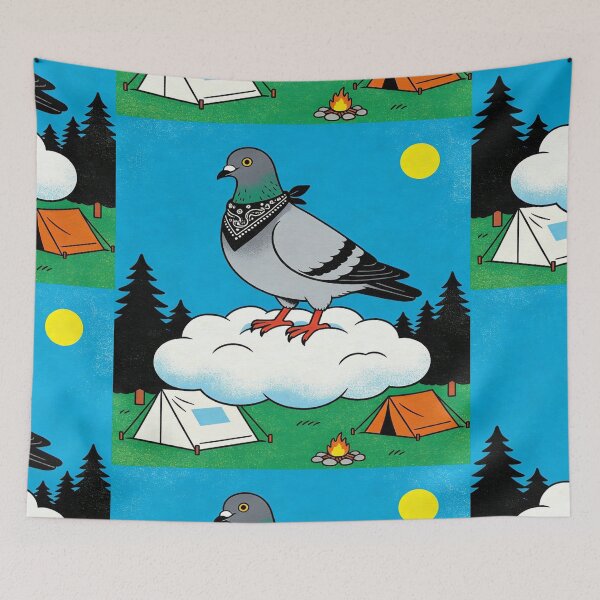 Item preview, The Bandana Pigeon Hiker: Vintage Camping Cloud Rider - Retro Risograph Style Nature Art designed and sold by Cherrydora.