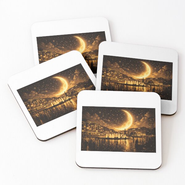 Item preview, Golden Moon Over Piccadilly Gardens – Surreal Manchester Nightscape designed and sold by ZoviraDesigns.