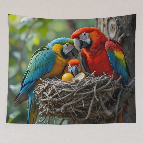 Item preview, Colorful Parrot Family Nest – Love, Care & Togetherness Nature Art” designed and sold by GeetArtHouse.