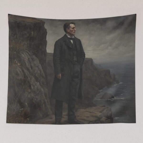 Item preview, Man Standing on a Cliff – Dark Fine Art Painting About Solitude and Reflection designed and sold by Visualynx.