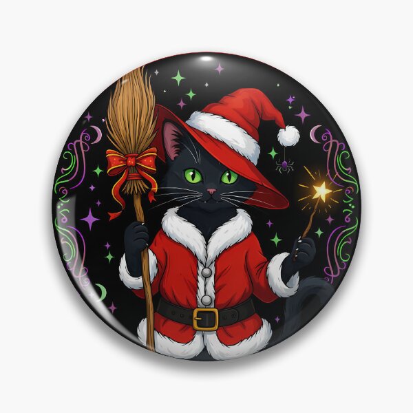 Item preview, Santa Cat Witch – Magical Black Cat in Christmas Outfit with Wand and Broom designed and sold by Glowaria.