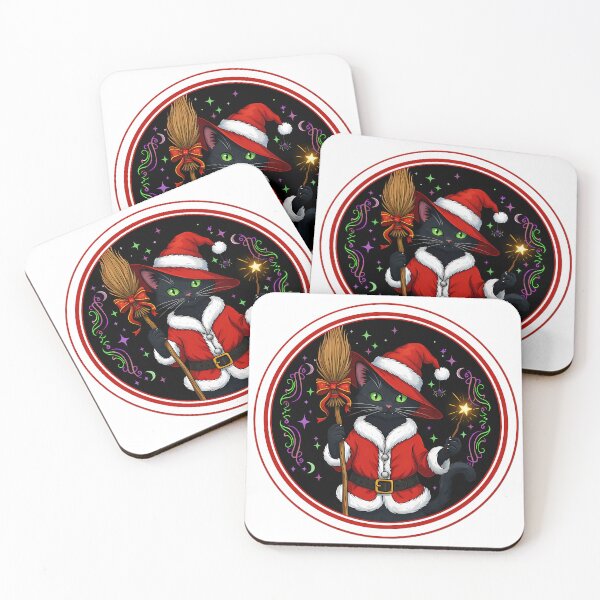 Item preview, Santa Cat Witch – Magical Black Cat in Christmas Outfit with Wand and Broom designed and sold by Glowaria.