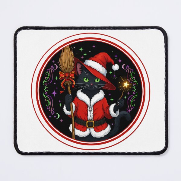 Item preview, Santa Cat Witch – Magical Black Cat in Christmas Outfit with Wand and Broom designed and sold by Glowaria.