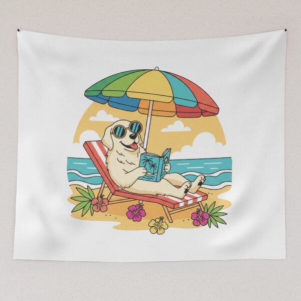 Item preview, Relaxed Dog on Beach Bed Wearing Goggles, Reading Book under Umbrella, Summer Vector Art designed and sold by Fandom Universe.