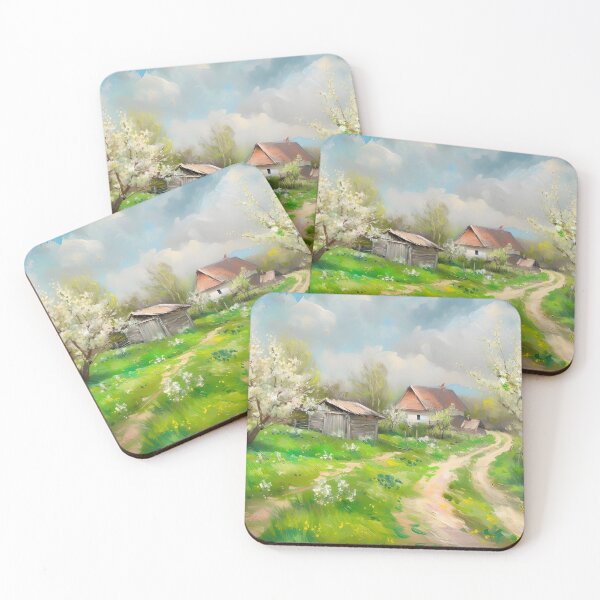 Item preview, Spring Village Landscape Painting, Rustic Farmhouse Print designed and sold by SavageVision.