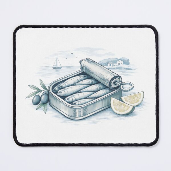 Item preview, Mediterranean Sardine Tin Illustration with Coastal Scene, Lemons, and Olives in Vintage Blue designed and sold by SplashTastic.