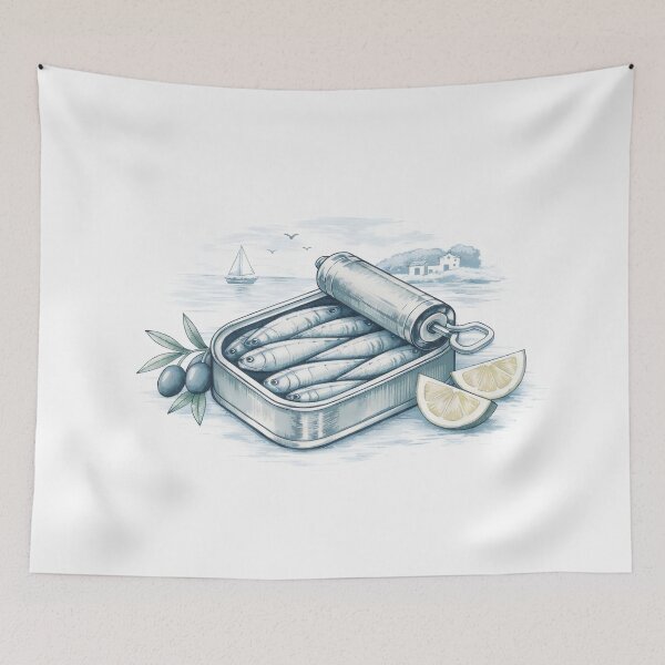 Item preview, Mediterranean Sardine Tin Illustration with Coastal Scene, Lemons, and Olives in Vintage Blue designed and sold by SplashTastic.