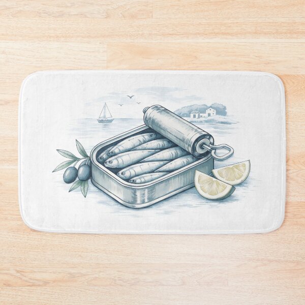 Item preview, Mediterranean Sardine Tin Illustration with Coastal Scene, Lemons, and Olives in Vintage Blue designed and sold by SplashTastic.