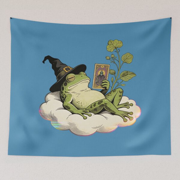 Item preview, Mystical Cottagecore Frog Witch Tarot Reader on Cloud | Vintage Occult Engraving designed and sold by Cherrydora.