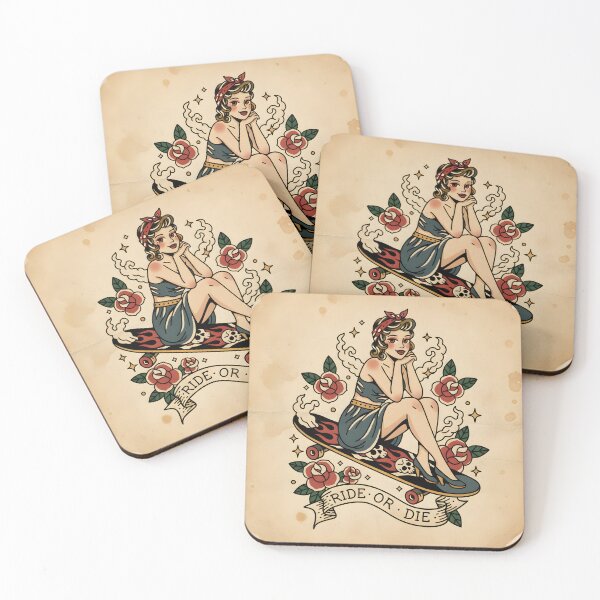 Item preview, Vintage tattoo flash of pinup girl on a flame skateboard with roses designed and sold by homydesign.