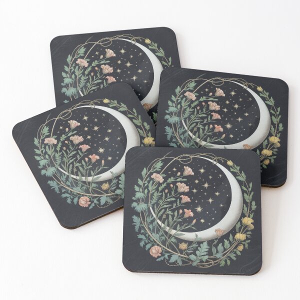 Item preview, Crescent Moon and Floral Orbit Design with Golden Stars and Botanical Night Sky designed and sold by SplashTastic.