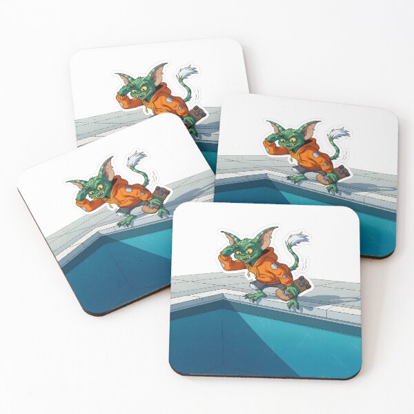 Item preview, Green gremlin character holding a skateboard at the edge of an empty swimming pool designed and sold by homydesign.