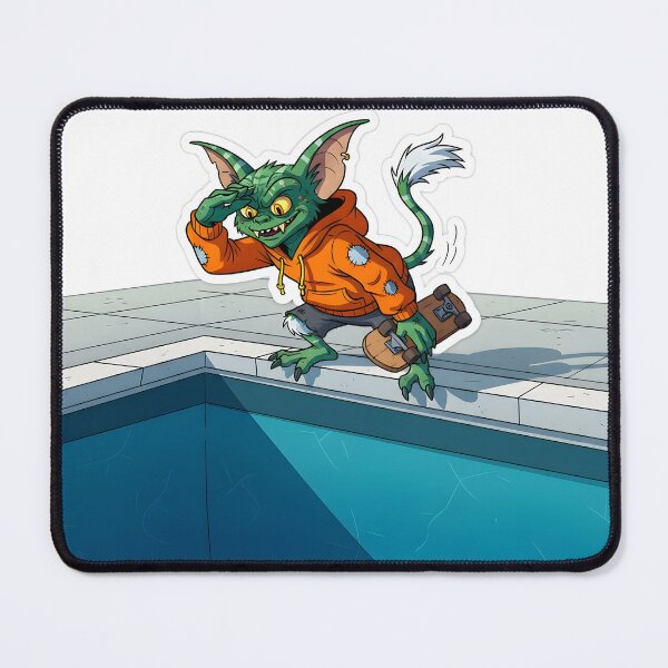 Item preview, Green gremlin character holding a skateboard at the edge of an empty swimming pool designed and sold by homydesign.