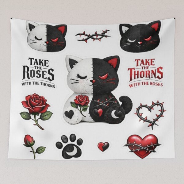 Item preview, Yin Yang Plush Cat Rose and Thorns Sticker Sheet Collage designed and sold by JediKittenWars.