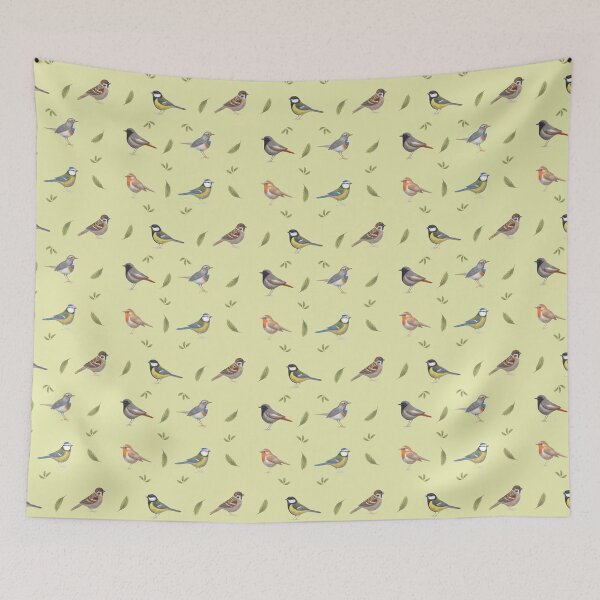 Item preview, Colorful birds and green leaves pattern, vibrant nature design, green designed and sold by Laurus Lunaris.