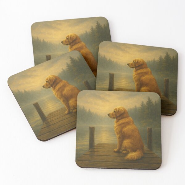 Item preview, Golden Retriever Sitting on a Dock at Dusk – Painterly Dog Art designed and sold by VandVArt.