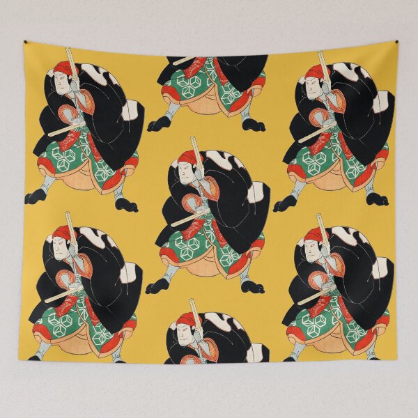Item preview, Kabuki Warrior In Colorful Robe Striking Pose With Swords On Black Background Traditional Japanese Woodblock Art designed and sold by portokalis.