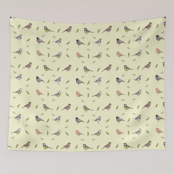 Item preview, Colorful birds and green leaves pattern, vibrant nature design, yellow designed and sold by Laurus Lunaris.