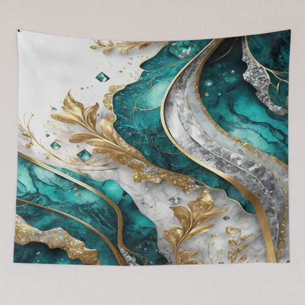 Item preview, Luxurious Abstract Flow -Teal Marble, Gold Leaves & Crystal Geometry in Elegant Motion designed and sold by FotoworldEdel.