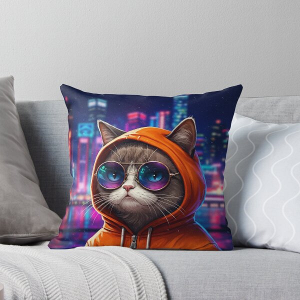Item preview, Cool Cat in Orange Hoodie – Neon City Night Art designed and sold by Articooler.