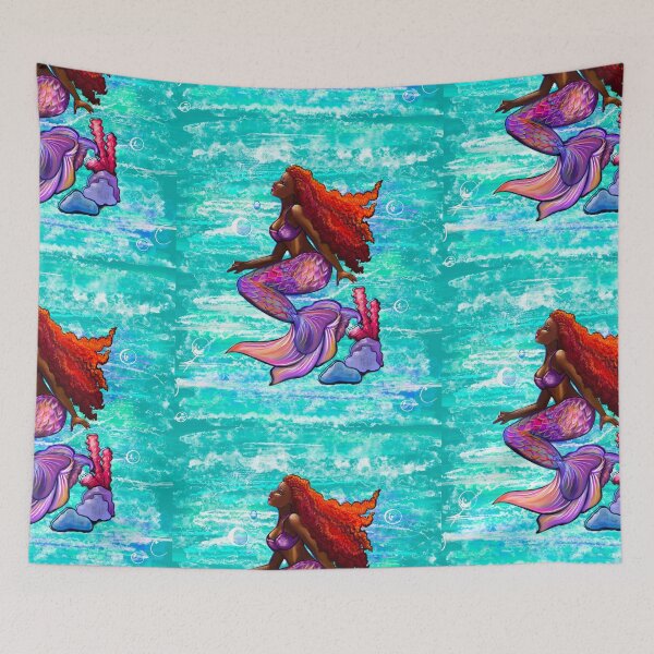 Item preview, Mermaid with red Afro hair relaxing underwater  designed and sold by Artonmytee.