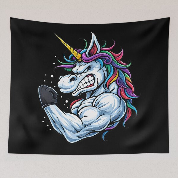 Item preview, Angry Muscular Unicorn Boxing Gym Fitness Rainbow Mascot Art designed and sold by DrawHandArt.