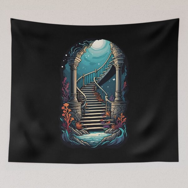 Item preview, Underwater Fantasy Staircase Ocean Ruins Dreamy Moonlight Realm designed and sold by DrawHandArt.