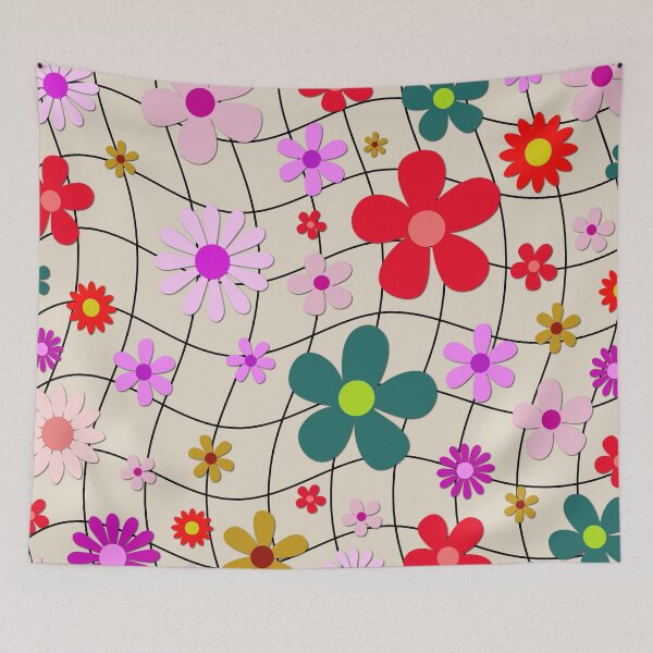 Item preview, Retro 70s Floral Wavy Grid Pattern – Groovy Pink and Teal Hippie Daisies designed and sold by DeeLulu.
