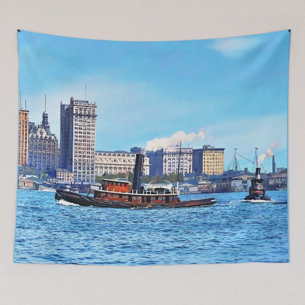 Item preview, Tugboats Near the New York City Skyline c1906 designed and sold by Susan Savad.