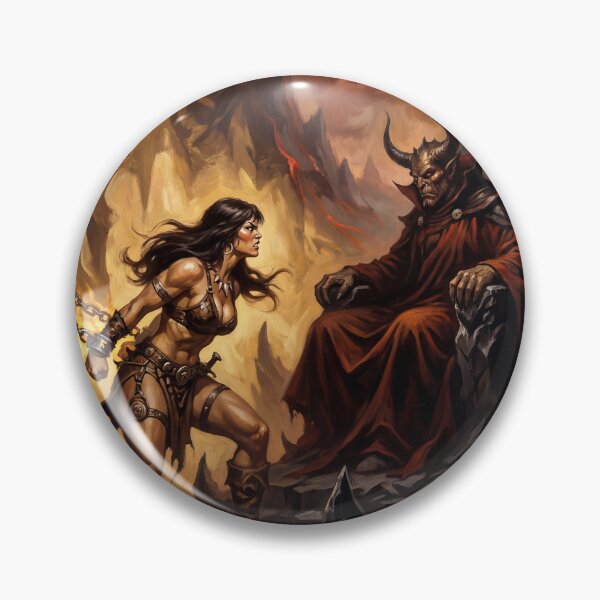 Artikelvorschau, Böser gehörnter König verhört eine barbarische Kriegerin in Defiance-Illustration im Fantasy-Kunststil entworfen und verkauft von Vintage Designs +.