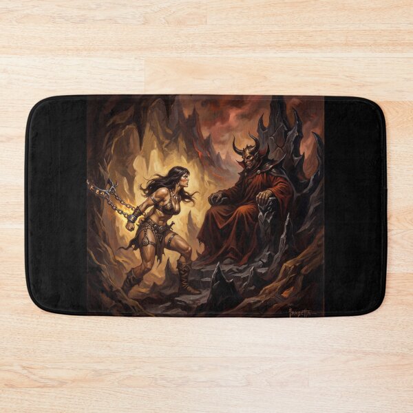 Item preview, Evil Horned King Interrogation of a Barbarian warrior woman in Defiance illustration fantasy art style designed and sold by Vintage Designs +.