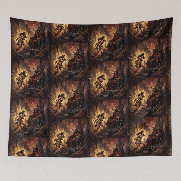 Item preview, Evil Horned King Interrogation of a Barbarian warrior woman in Defiance illustration fantasy art style designed and sold by Vintage Designs +.