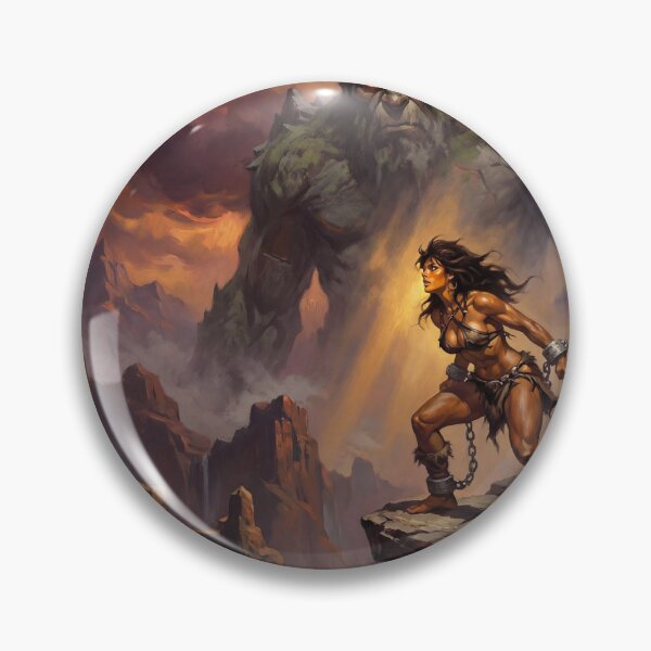 Artikelvorschau, Barbarische Kriegerin trotzt dem Felsenriesenherrscher – Illustration im Fantasy-Stil entworfen und verkauft von Vintage Designs +.