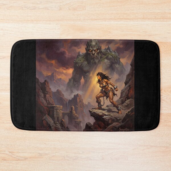 Item preview, Barbarian warrior woman in Defiance against the rock giant lord illustration fantasy art style designed and sold by Vintage Designs +.