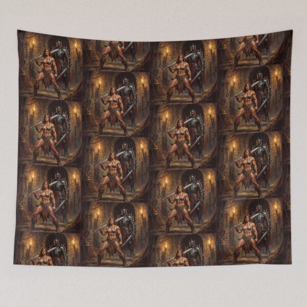 Item preview, Barbarian warrior woman in Defiance against the dark lord illustration fantasy art style designed and sold by Vintage Designs +.