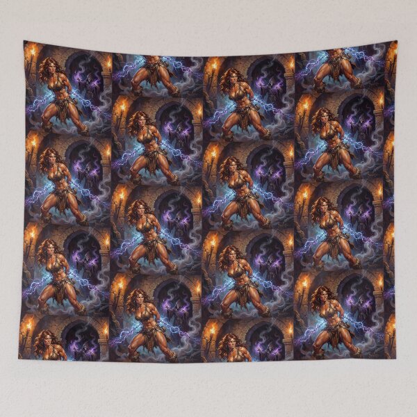 Item preview, Barbarian warrior woman in Defiance against the dark lord illustration fantasy art style designed and sold by Vintage Designs +.