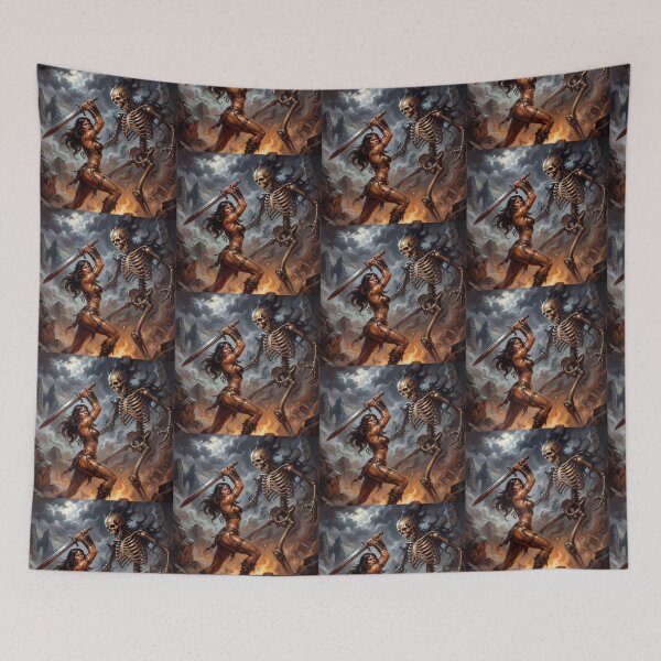 Item preview, Barbarian warrior woman in Defiance against the dark lord illustration fantasy art style designed and sold by Vintage Designs +.