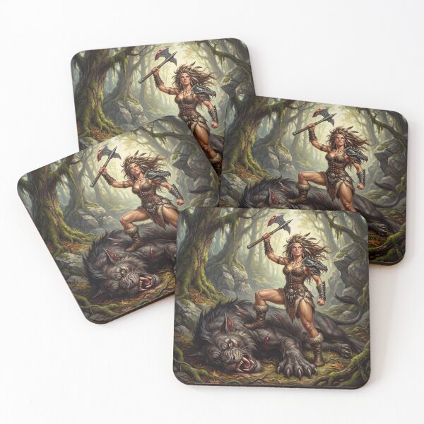 Item preview, Barbarian warrior woman in Defiance against the dreadcat illustration fantasy art style designed and sold by Vintage Designs +.