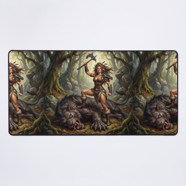 Item preview, Barbarian warrior woman in Defiance against the dreadcat illustration fantasy art style designed and sold by Vintage Designs +.