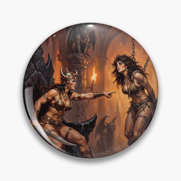 Artikelvorschau, Amazonenkönigin verhört eine barbarische Kriegerin in Defiance-Illustration im Fantasy-Kunststil entworfen und verkauft von Vintage Designs +.