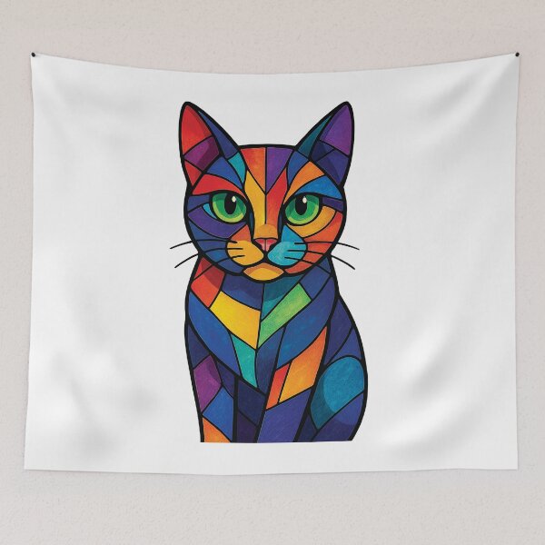 Item preview, Rainbow Stained Glass Cat – Bold Geometric Art Print on Light Background designed and sold by Gold Turtle  Lina.