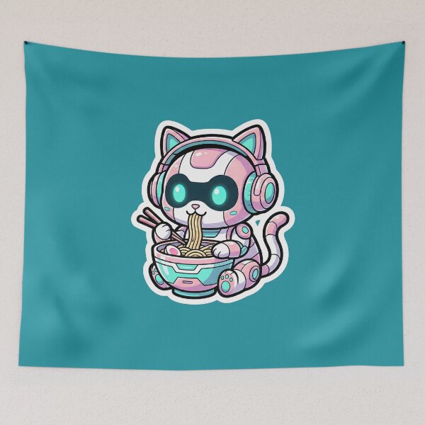 Item preview, Kawaii Space Cat Eating Ramen –Neon Cyberpunk Style designed and sold by shmupod.