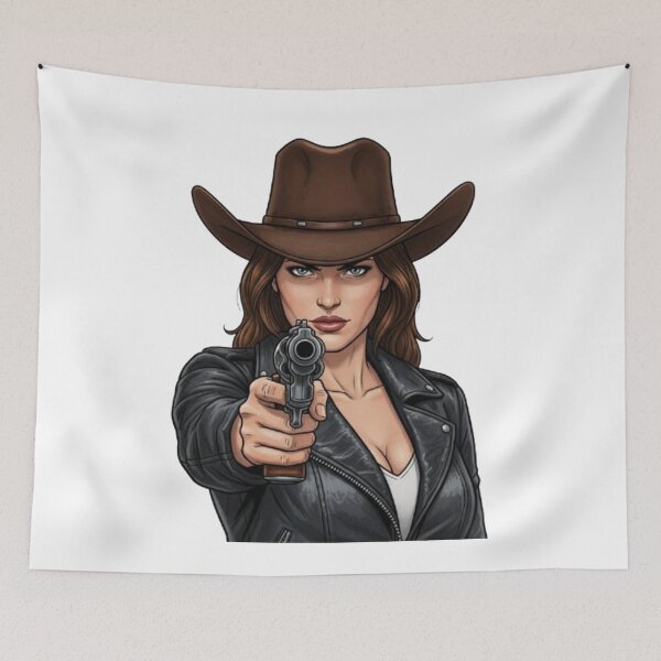 Item preview, A sharp-eyed cowboy woman, pointing a revolver directly at the observer. designed and sold by CHRIST5000.