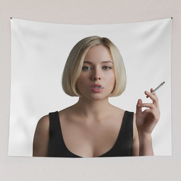 Item preview, Elegant Blonde Woman in Black Dress Smoking with Cool Expression. designed and sold by Spark2Seduction.