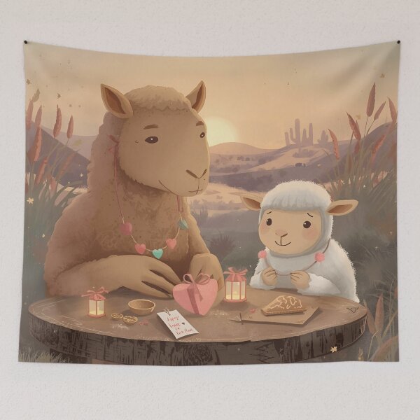Item preview, Valentine’s Camel & Sheep Couple • Whimsical Desert Meadow Heart Prep Art designed and sold by WildlifeWhimsy.