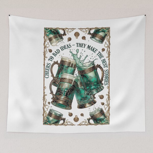 Item preview, Cheers to Bad Ideas Tankards Graphic Tee | Playful Best Stories Emerald Toast Pub Celebration Shirt designed and sold by YMLux.