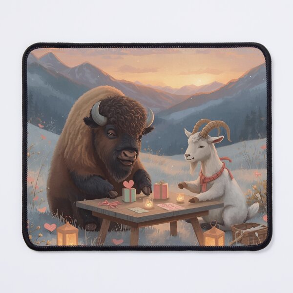 Item preview, Valentine’s Bison & Goat Couple • Whimsical Mountain Heart Prep Art designed and sold by WildlifeWhimsy.