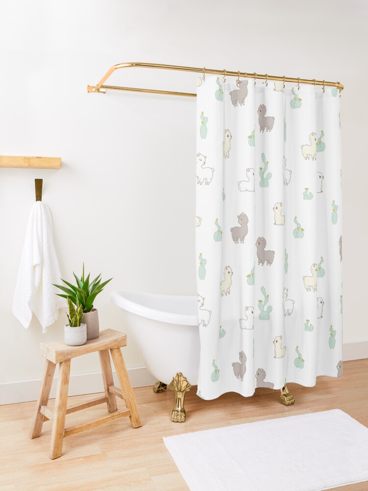 Alternate view of Alpaca pattern with cactus in white background Shower Curtain